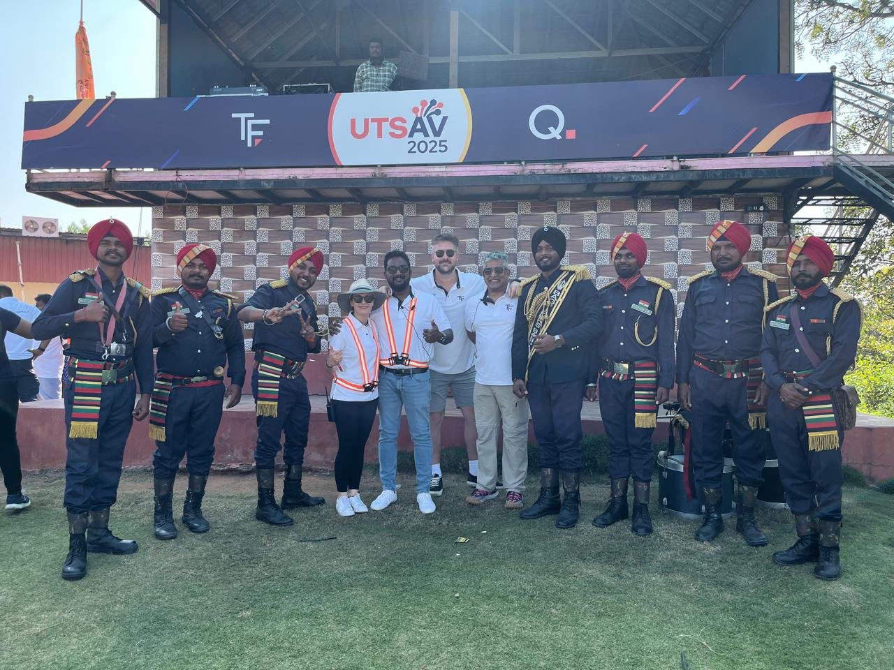 Band members at outdoor sports event