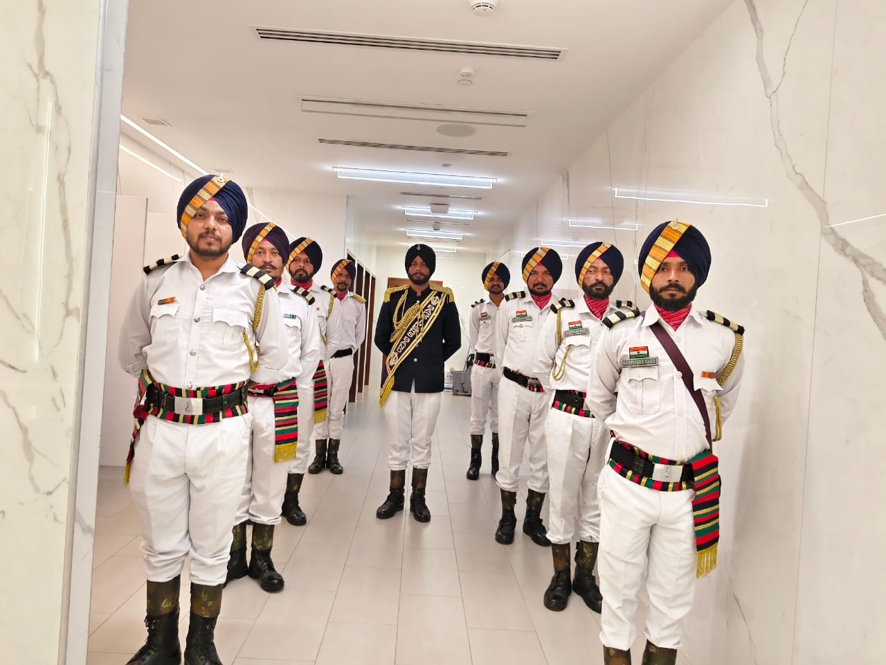 Band team prepared in corridor