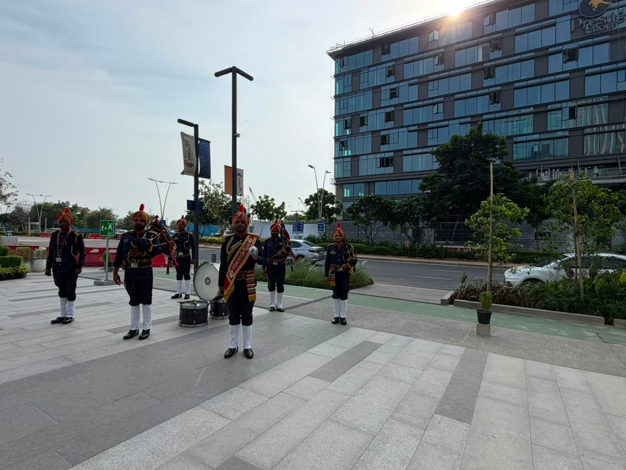 Band marching outside premium venue