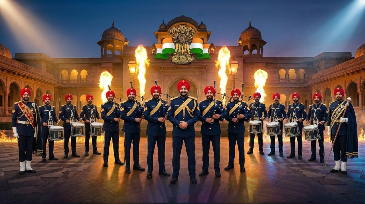 Full ceremonial bagpipe band in navy uniform prepared for a wedding procession