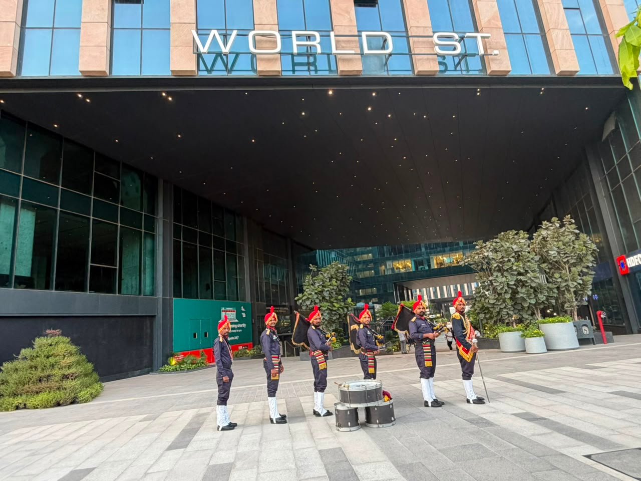 Ceremonial band performing outdoors for a patriotic event